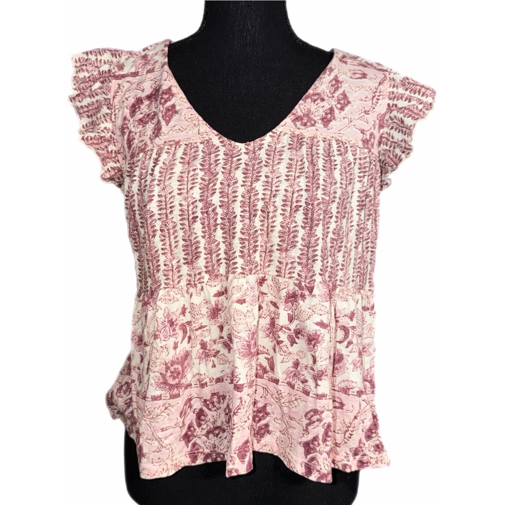 Lucky Brand Floral Flutter Sleeve V-Neck Babydoll Top Burgundy Cream Small